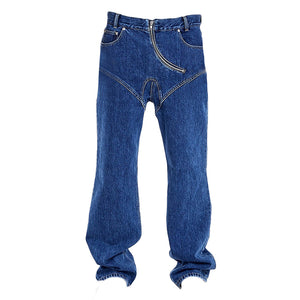 Curved zipper denim pants Deep blue