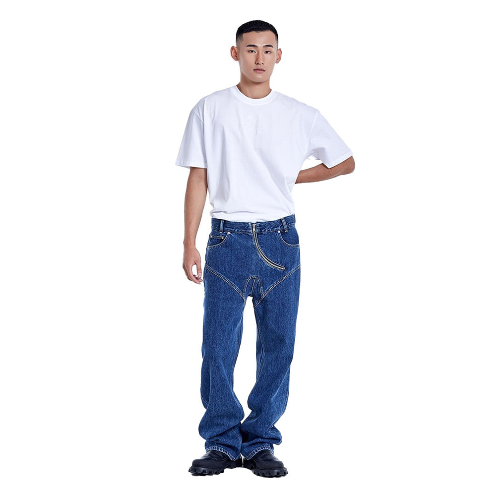 
            
                Load image into Gallery viewer, Curved zipper denim pants Deep blue
            
        