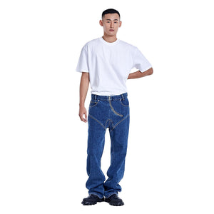 Curved zipper denim pants Deep blue