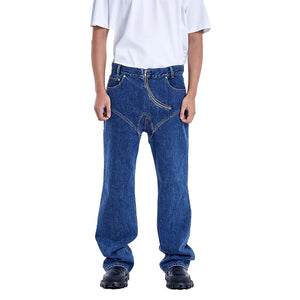 Curved zipper denim pants Deep blue