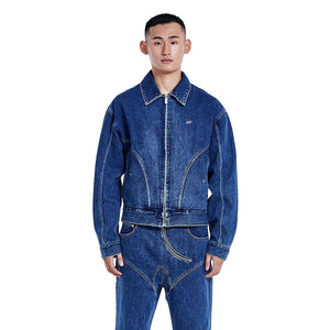 Bulky Denim Zipper Jacket Deep Blue