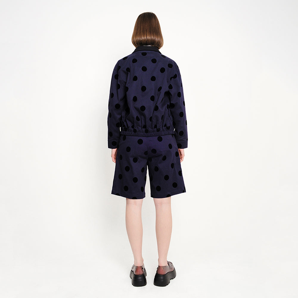 RUFFLED FLOCK POLKADOT JACKET NAVY