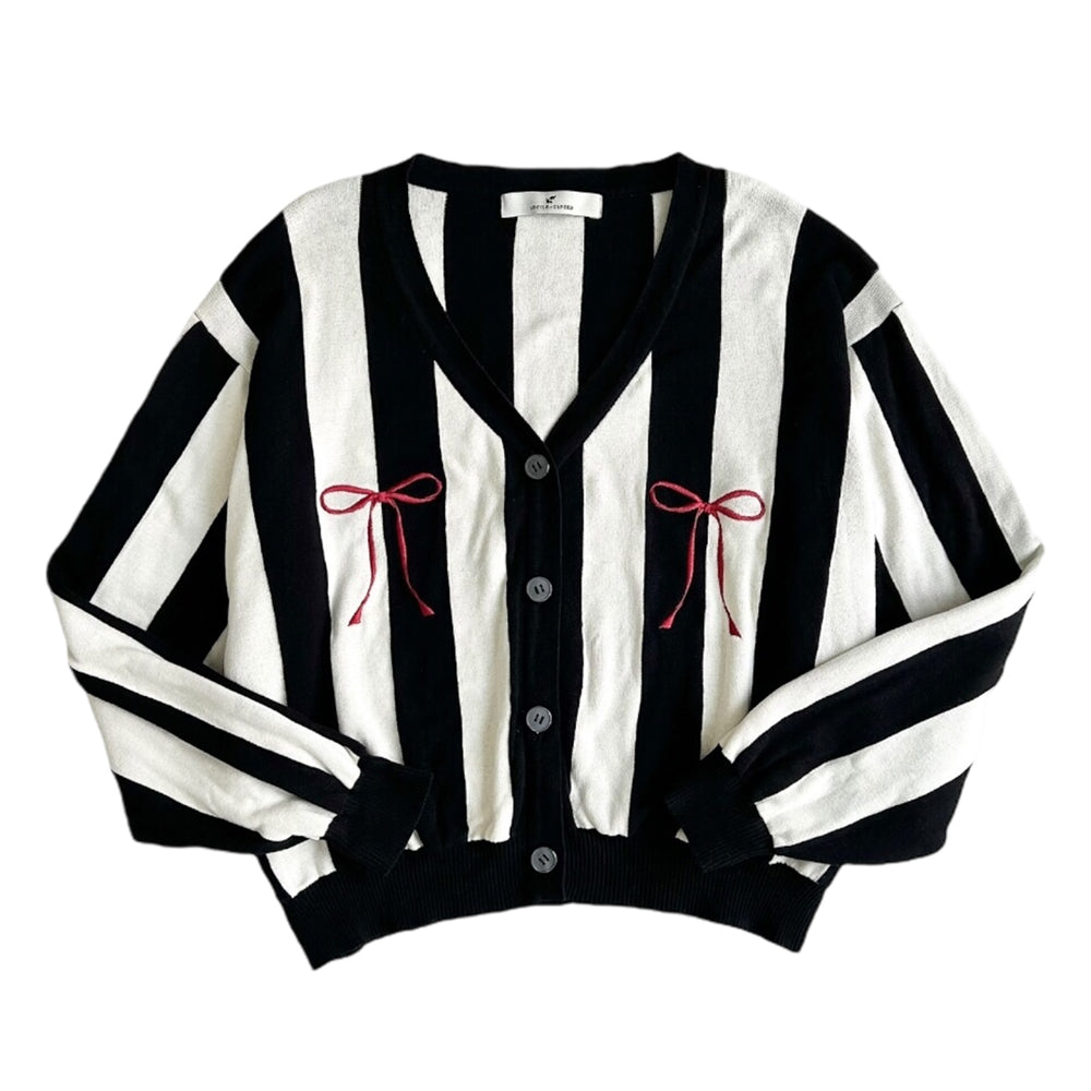 RIBBON KNIT STRIPES CARDIGAN BLACK