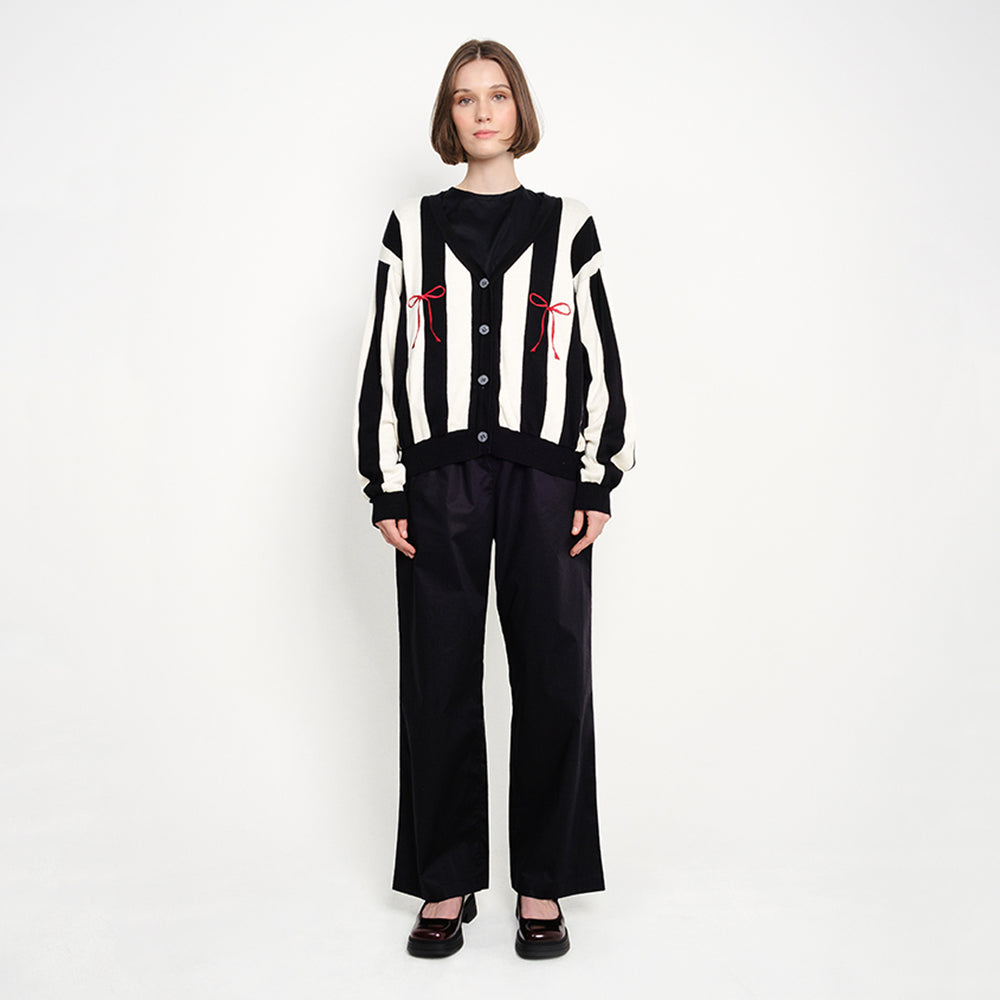 RIBBON KNIT STRIPES CARDIGAN BLACK