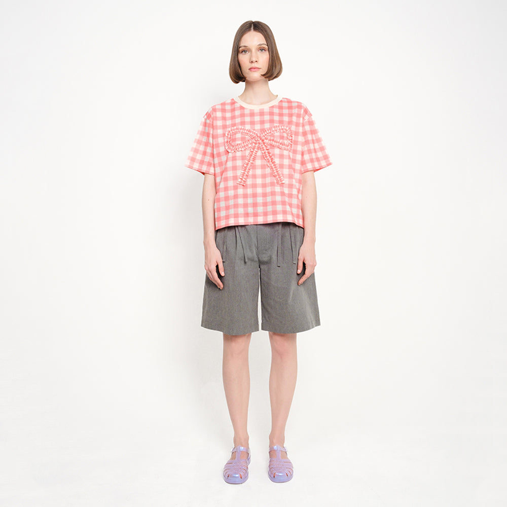 PATCH RIBBON GINGHAM TEE - CORAL