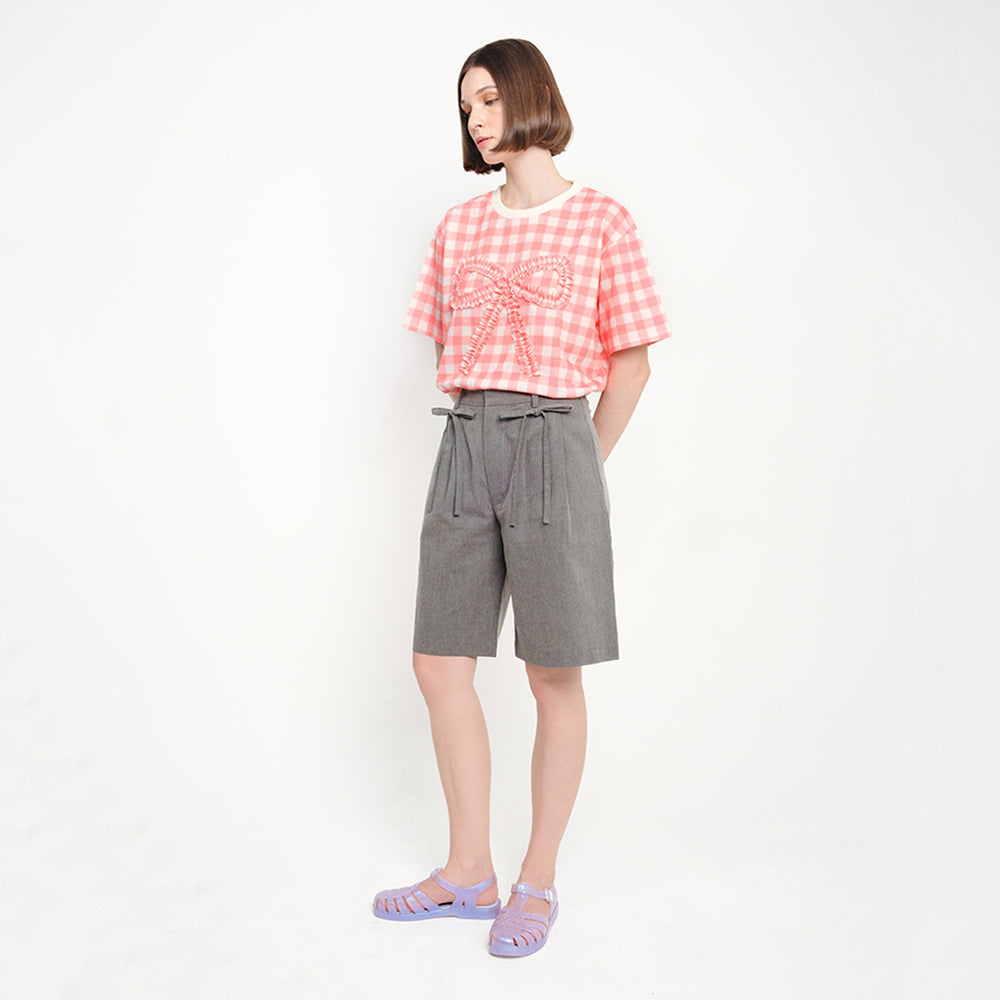 PATCH RIBBON GINGHAM TEE - CORAL