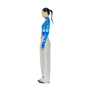 Print Mesh Mock Neck Top Blue