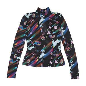 Print Mesh Mock Neck Top Black