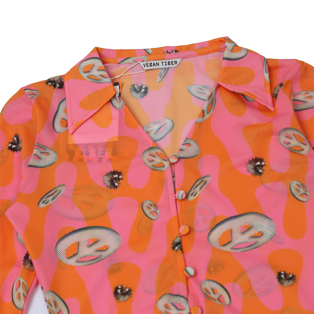 Print Mesh Shirt Pink Orange