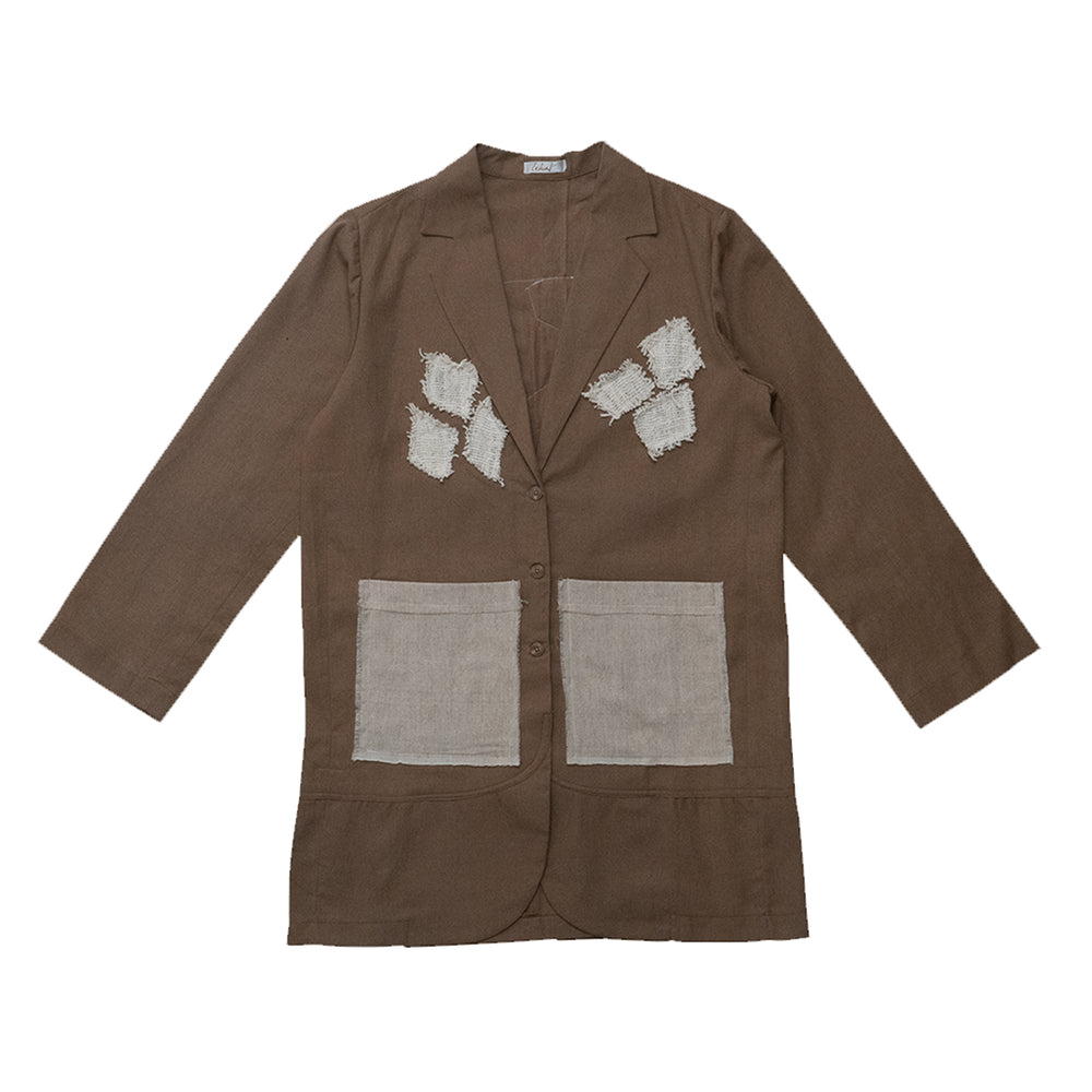 OVERSIZE LINEN BLAZER WITH PATCHES AND HANDSTITCHING COFFEE