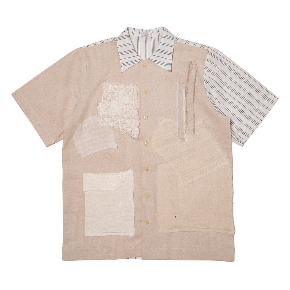 MIX FABRIC WOVEN PATCHES SHIRT BEIGE