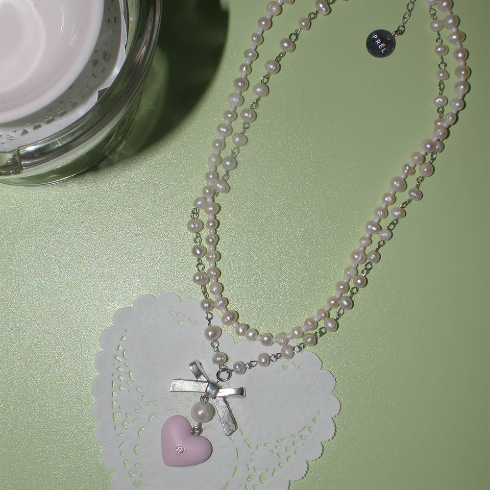AMOUR BEADS NECKLACE PINK WHITE SILVER