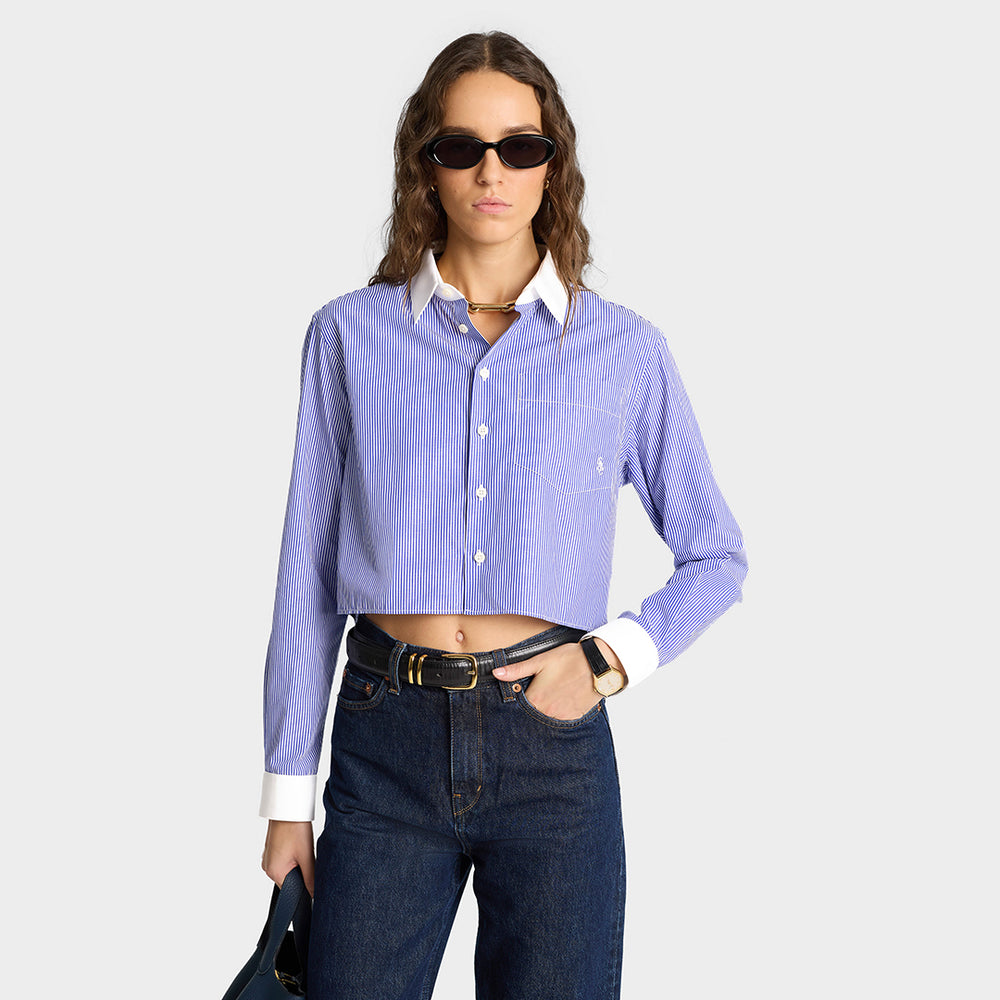 SRC Cropped Shirt White/Blue Stripe