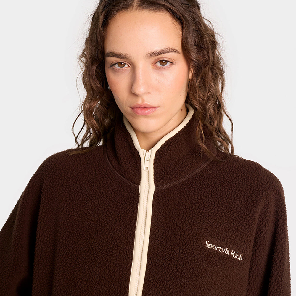 
            
                Load image into Gallery viewer, Serif Logo Sherpa Quarter Zip Chocolate
            
        