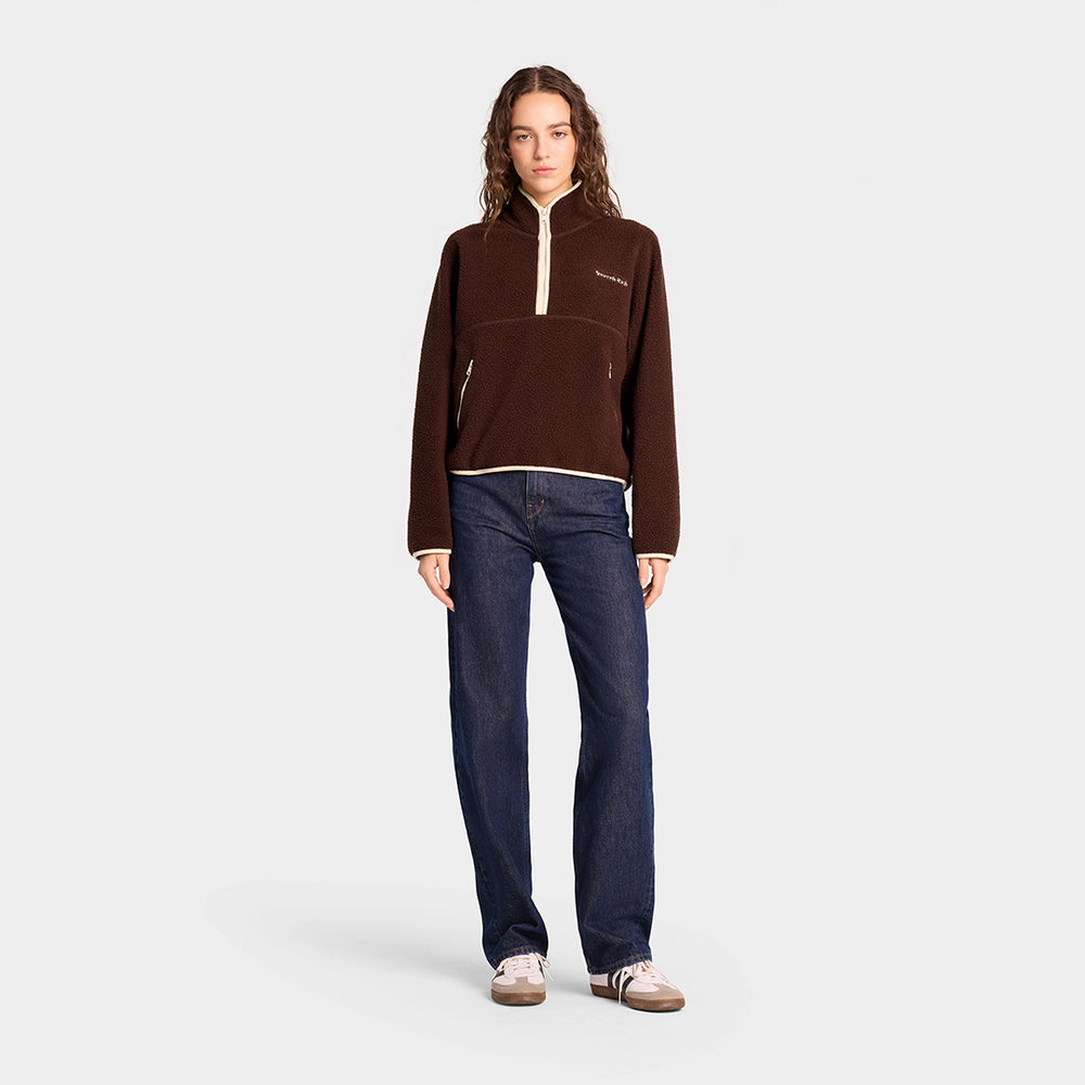 
            
                Load image into Gallery viewer, Serif Logo Sherpa Quarter Zip Chocolate
            
        