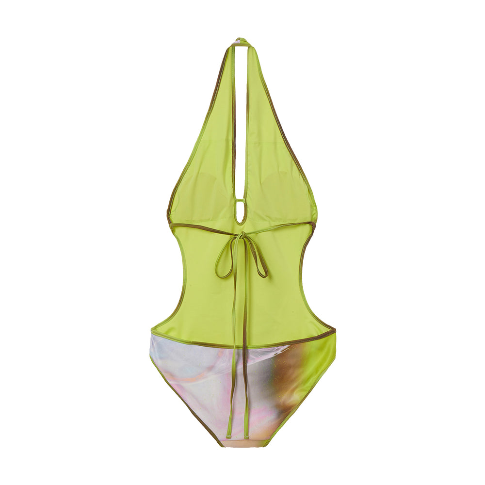 ABSTRACT PLUNGE SWIMSUIT NEON GREEN