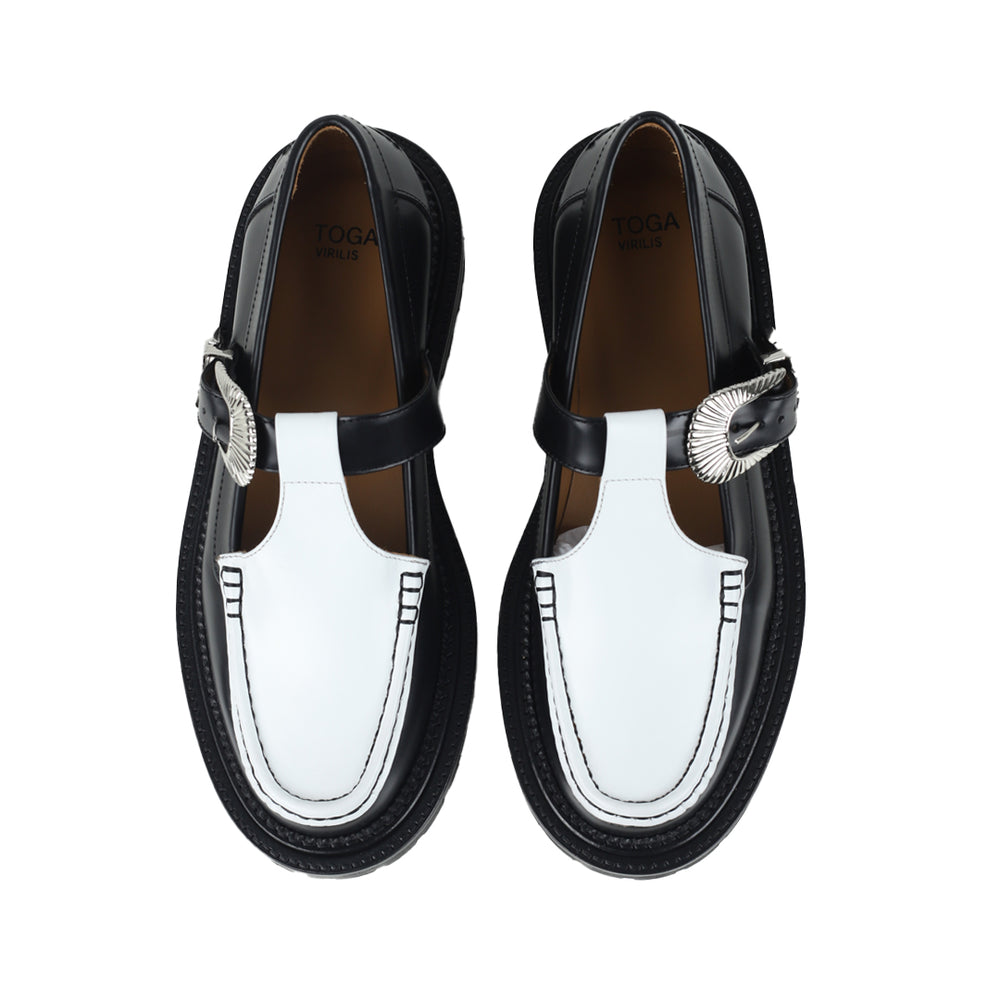AJ1290 Buckle Fastening Loafers Black White Leather