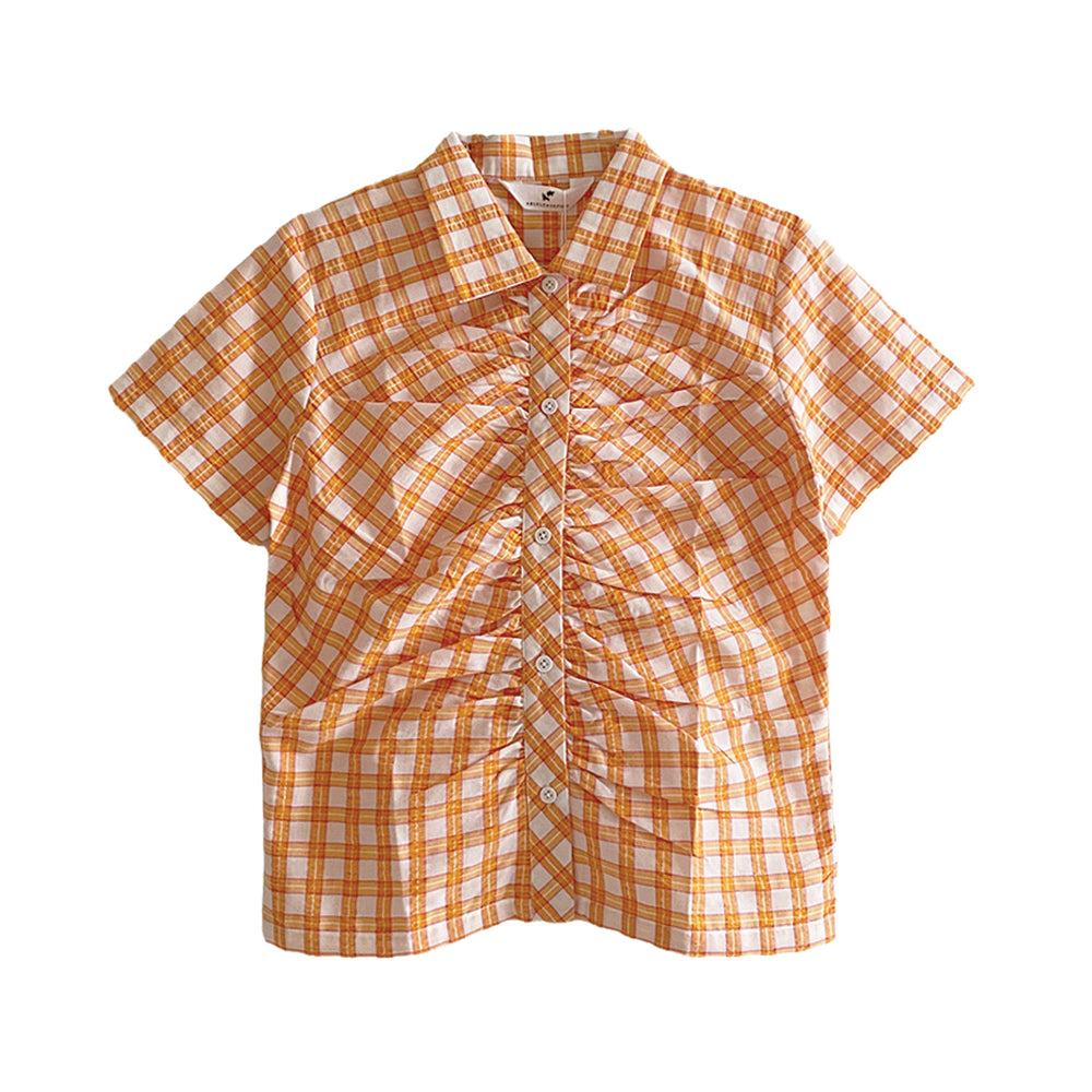 Plaids Ruched Shirt Orange