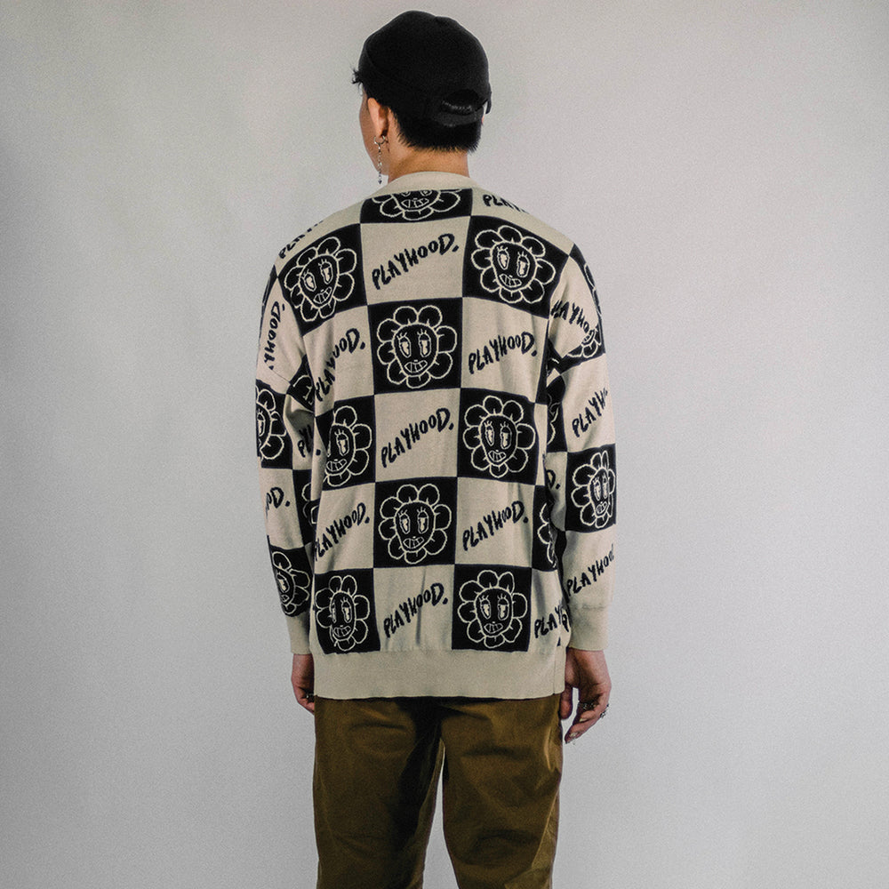 Checkered Hoodie Knitted Cardigan Beige And Black