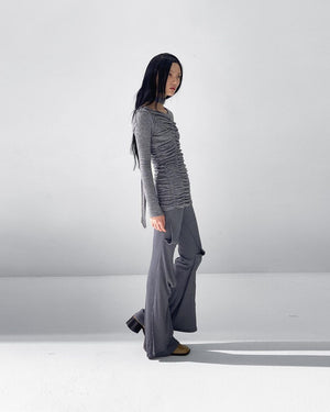 Shirring Long Sleeve Knit Melange Gray
