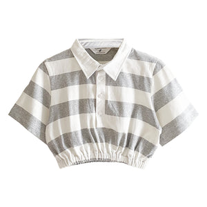 CROPPED STRIPES POLO SHIRT - GREY