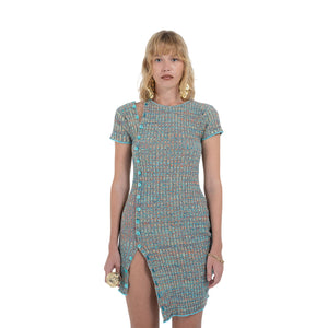 ASYMMETRIC BUTTON DRESS BLUE