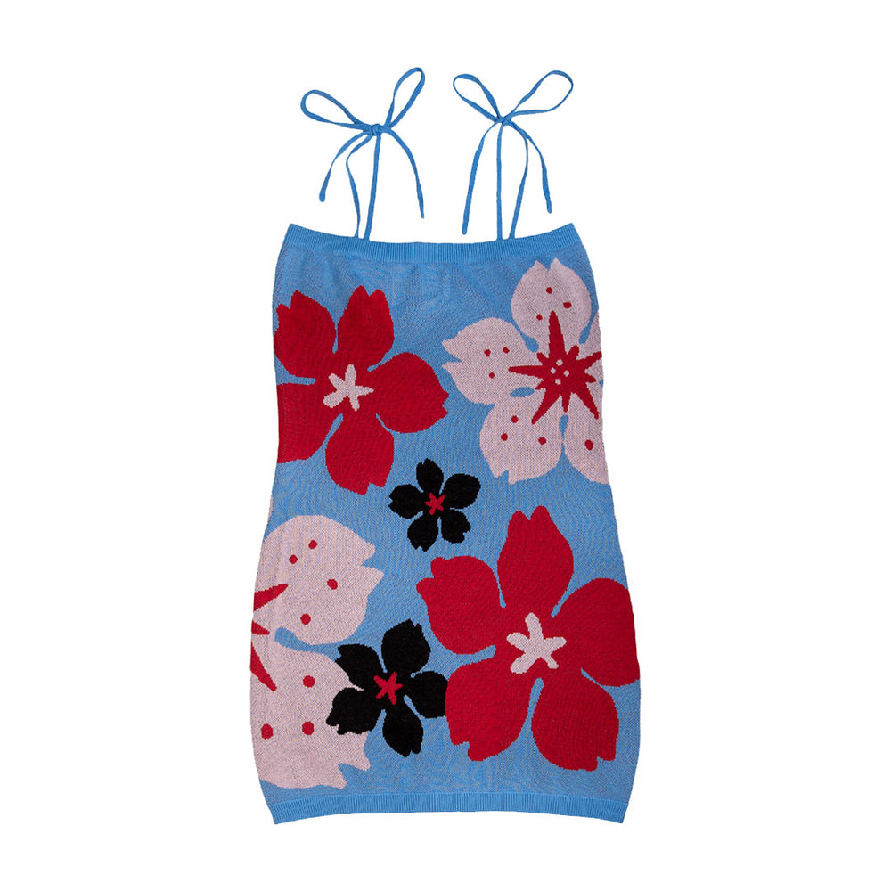 Sakura Blossom Knit Tube Mini Dress Blue