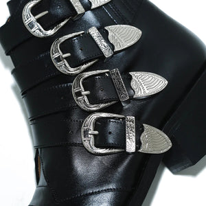 AJ782 4 METAL COWBOY BLACK LEATHER SILVER BUCKLES