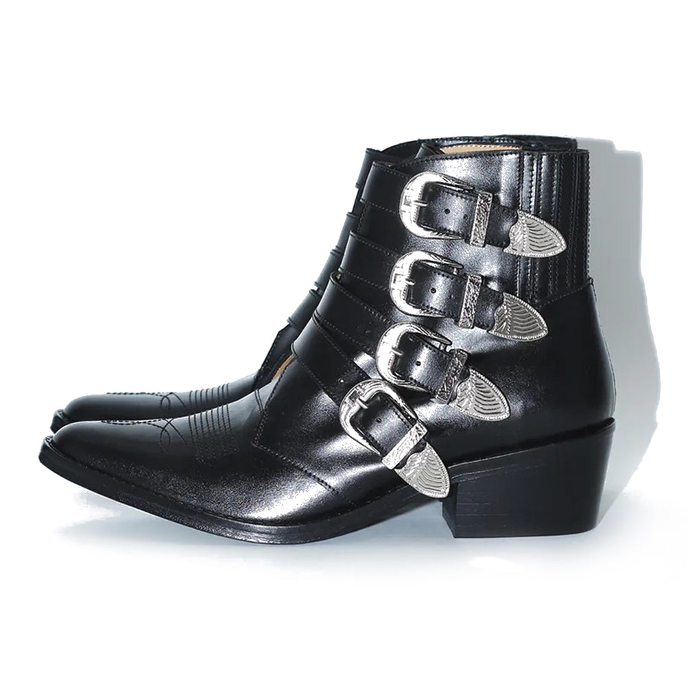 AJ782 4 METAL COWBOY BLACK LEATHER SILVER BUCKLES